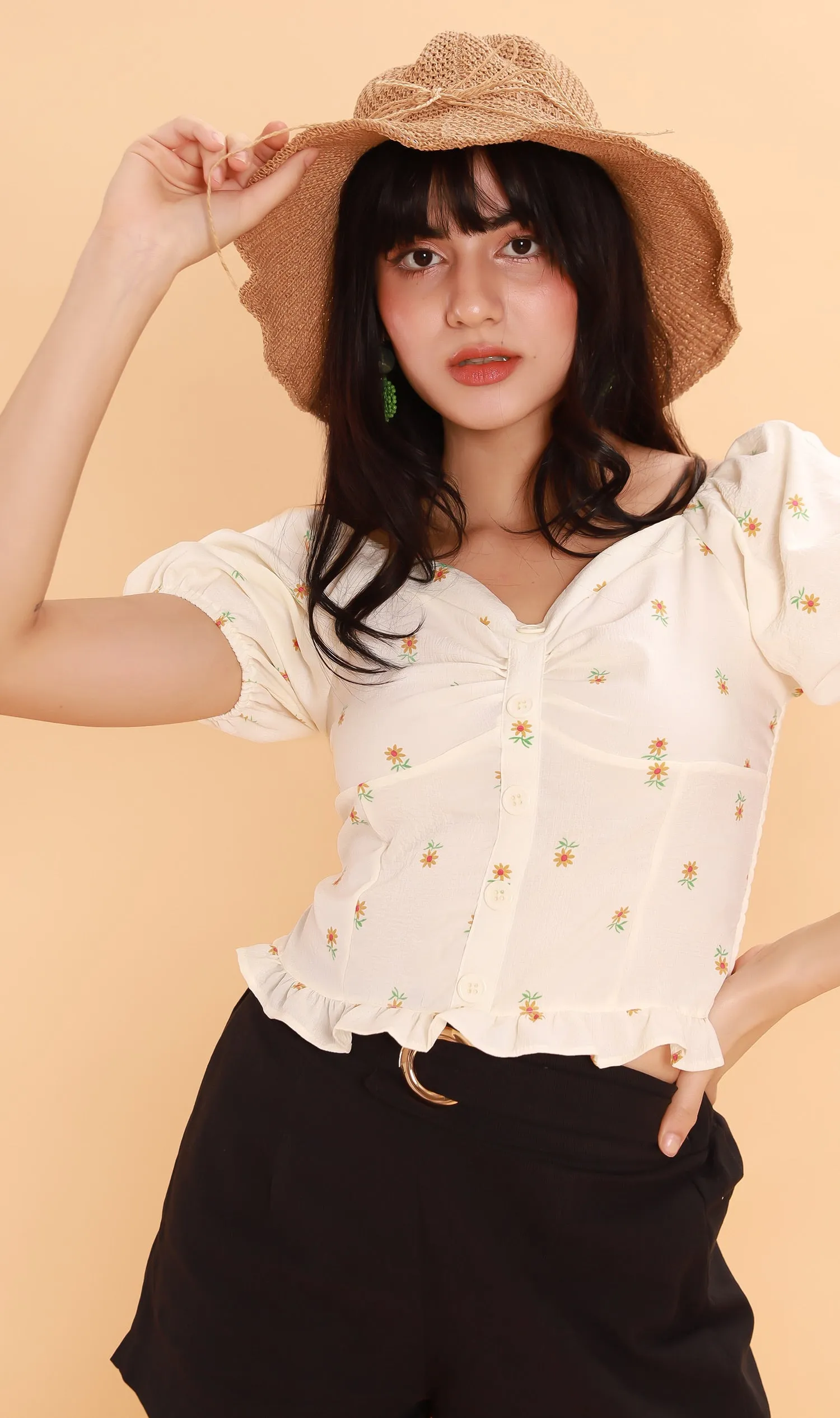 PENELOPE Sweetheart-Neck Puff-Sleeve Top (Custard)
