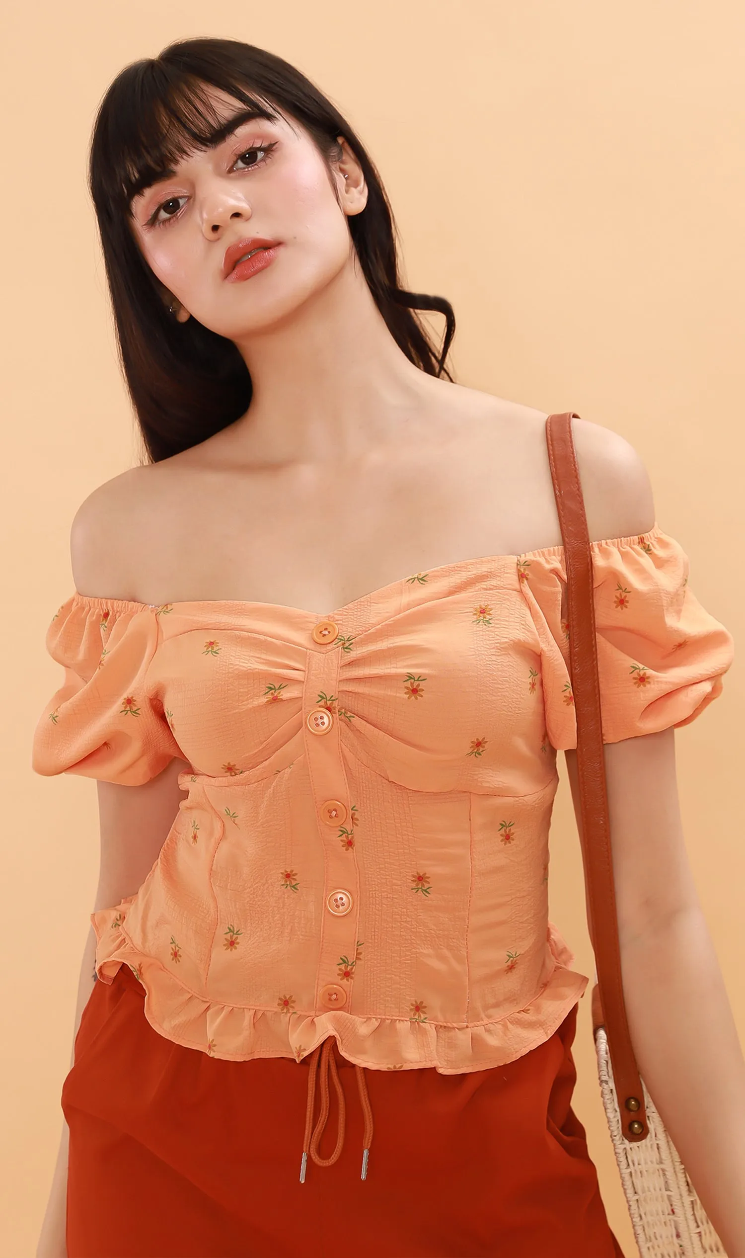PENELOPE Sweetheart-Neck Puff-Sleeve Top (Melon)