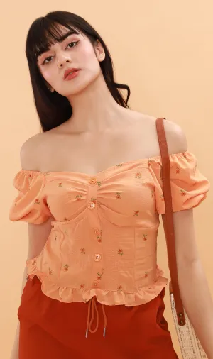 PENELOPE Sweetheart-Neck Puff-Sleeve Top (Melon)