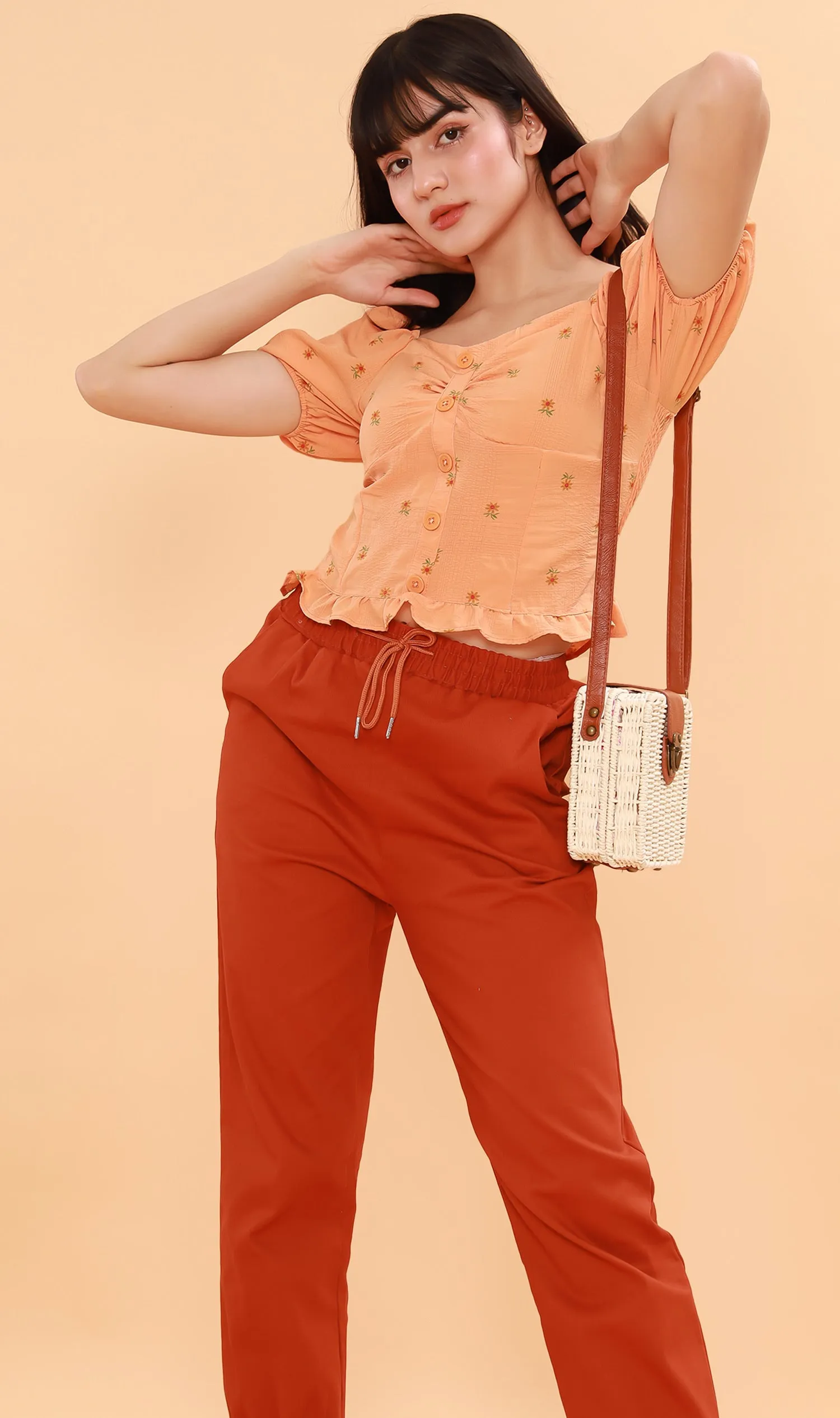 PENELOPE Sweetheart-Neck Puff-Sleeve Top (Melon)