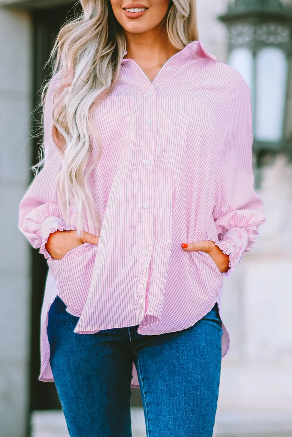 Pink Smocked Cuffed Striped Boyfriend Shirt with Pocket