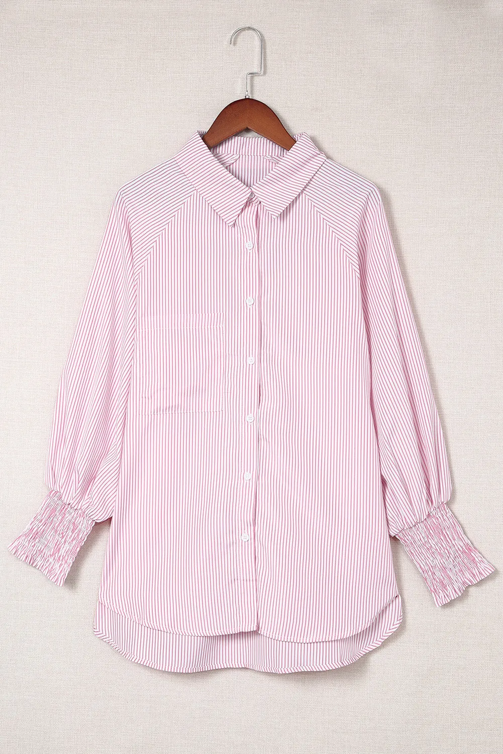 Pink Smocked Cuffed Striped Boyfriend Shirt with Pocket