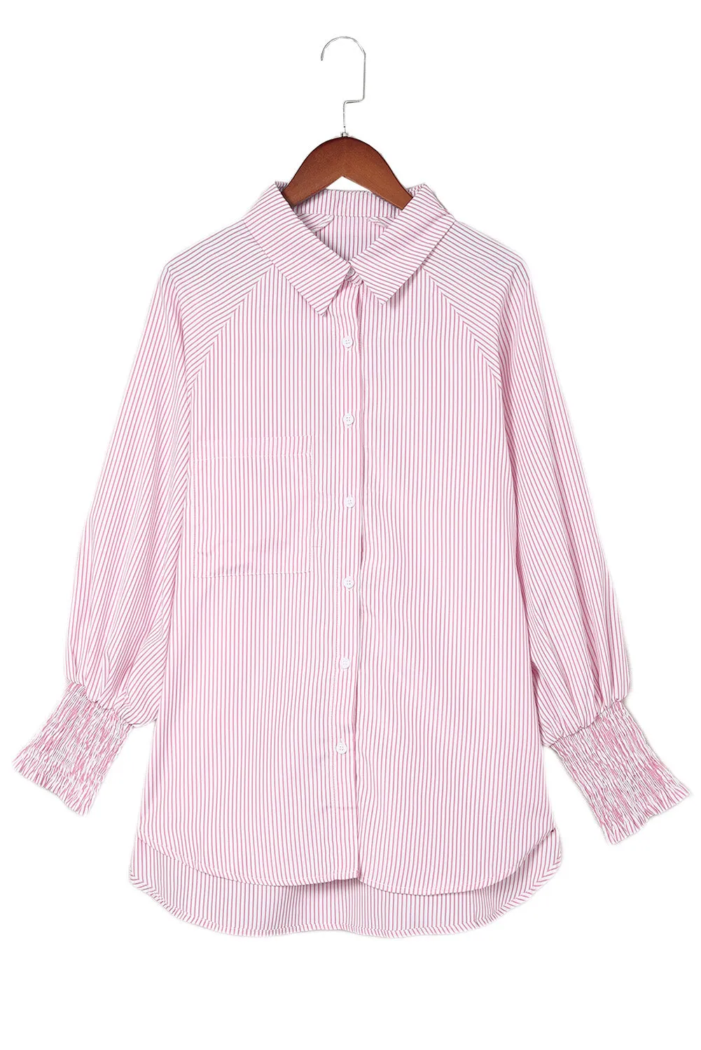 Pink Smocked Cuffed Striped Boyfriend Shirt with Pocket