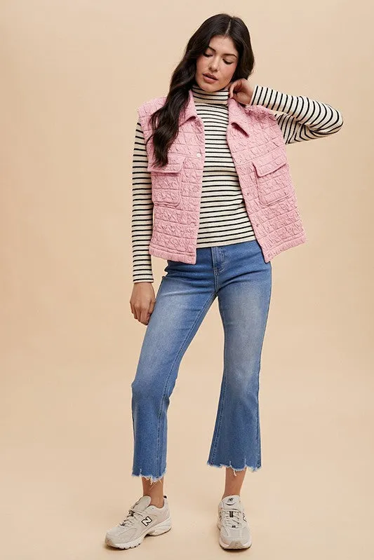 Pink Texture Quilted Snap Down Vest Coat