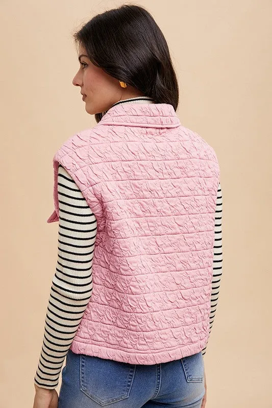 Pink Texture Quilted Snap Down Vest Coat