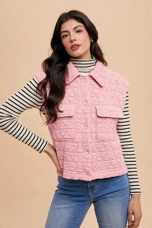 Pink Texture Quilted Snap Down Vest Coat