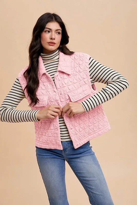 Pink Texture Quilted Snap Down Vest Coat