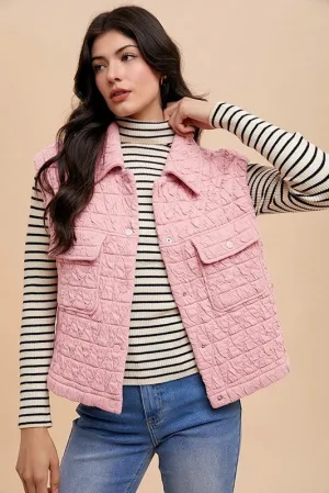 Pink Texture Quilted Snap Down Vest Coat