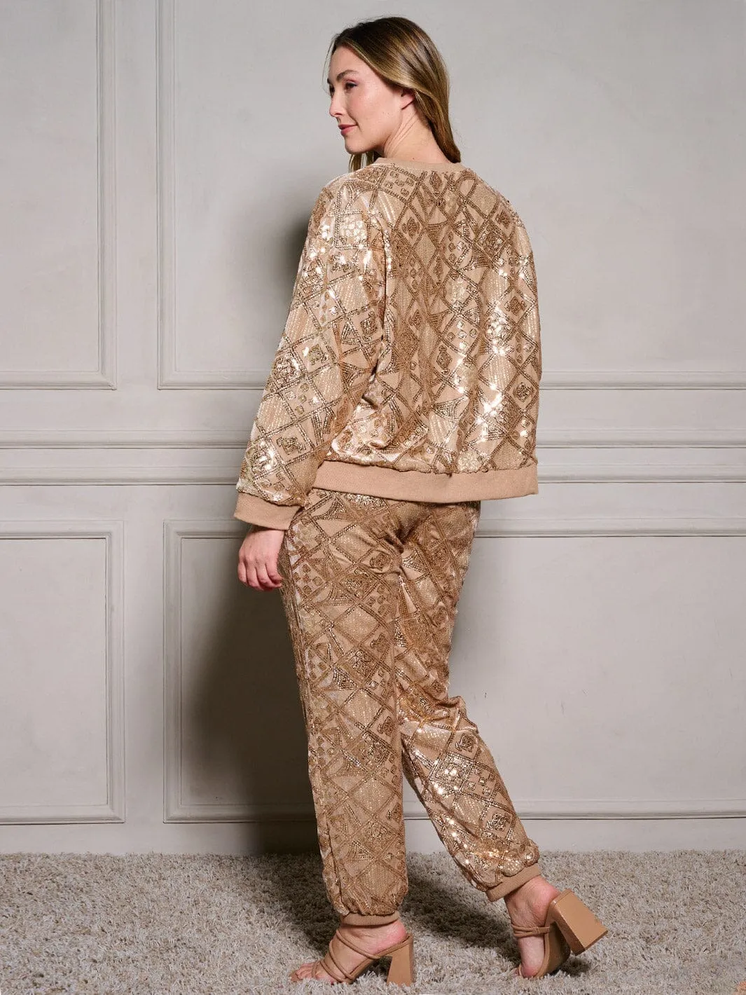 PLUS SIZE ELASTIC WAIST POCKETS SEQUINS JOGGER PANTS