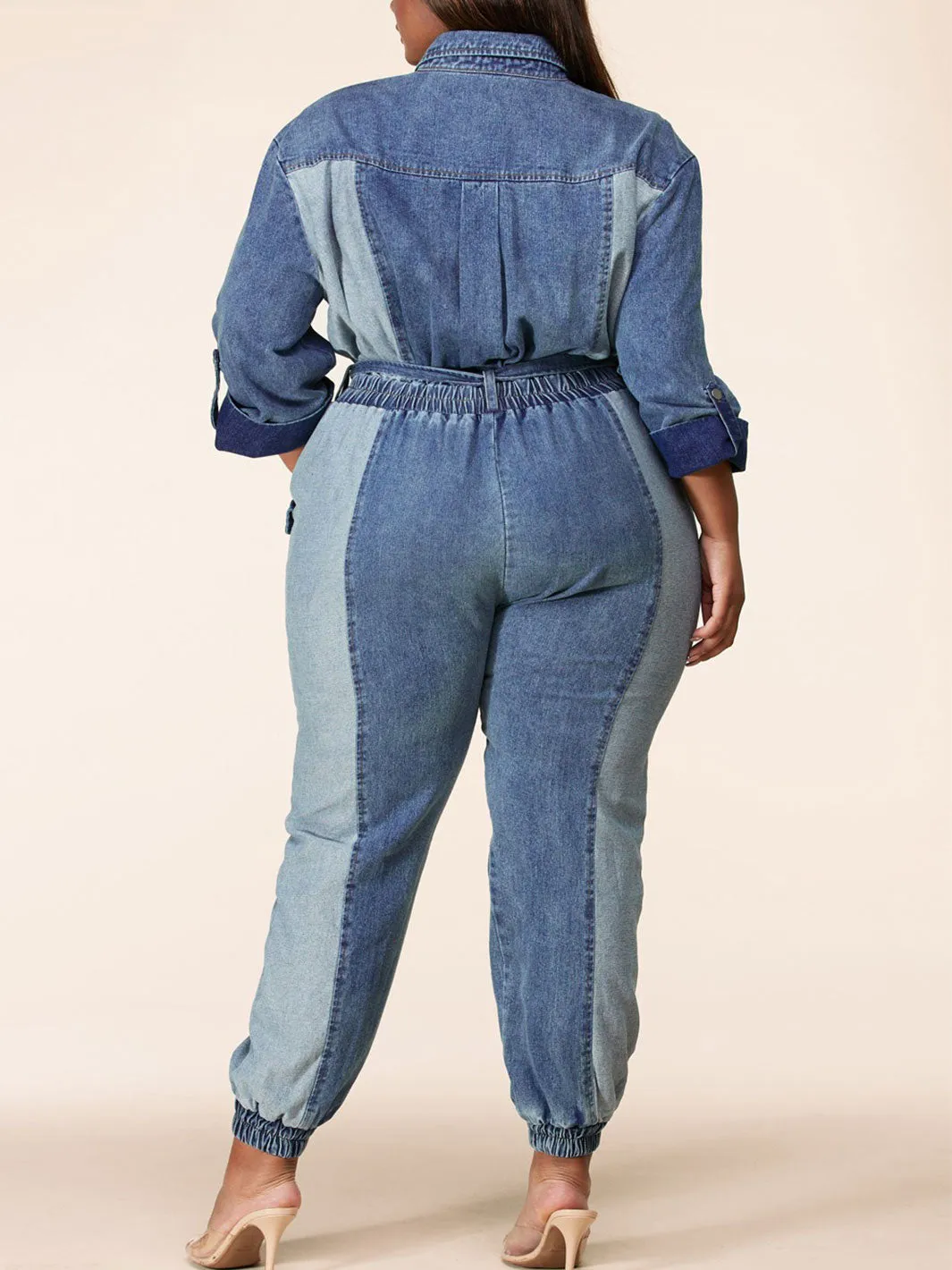 PLUS SIZE LONG SLEEVE TWO TONE DENIM JUMPSUIT