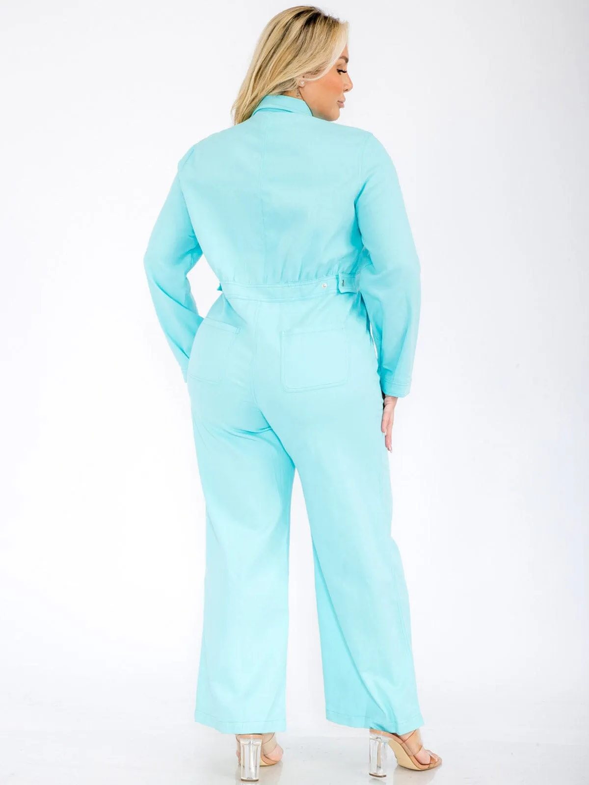 PLUS SIZE LONG SLEEVES ZIP UP POCKETS WIDE LEG DENIM JUMPSUIT