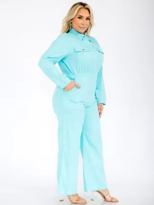 PLUS SIZE LONG SLEEVES ZIP UP POCKETS WIDE LEG DENIM JUMPSUIT