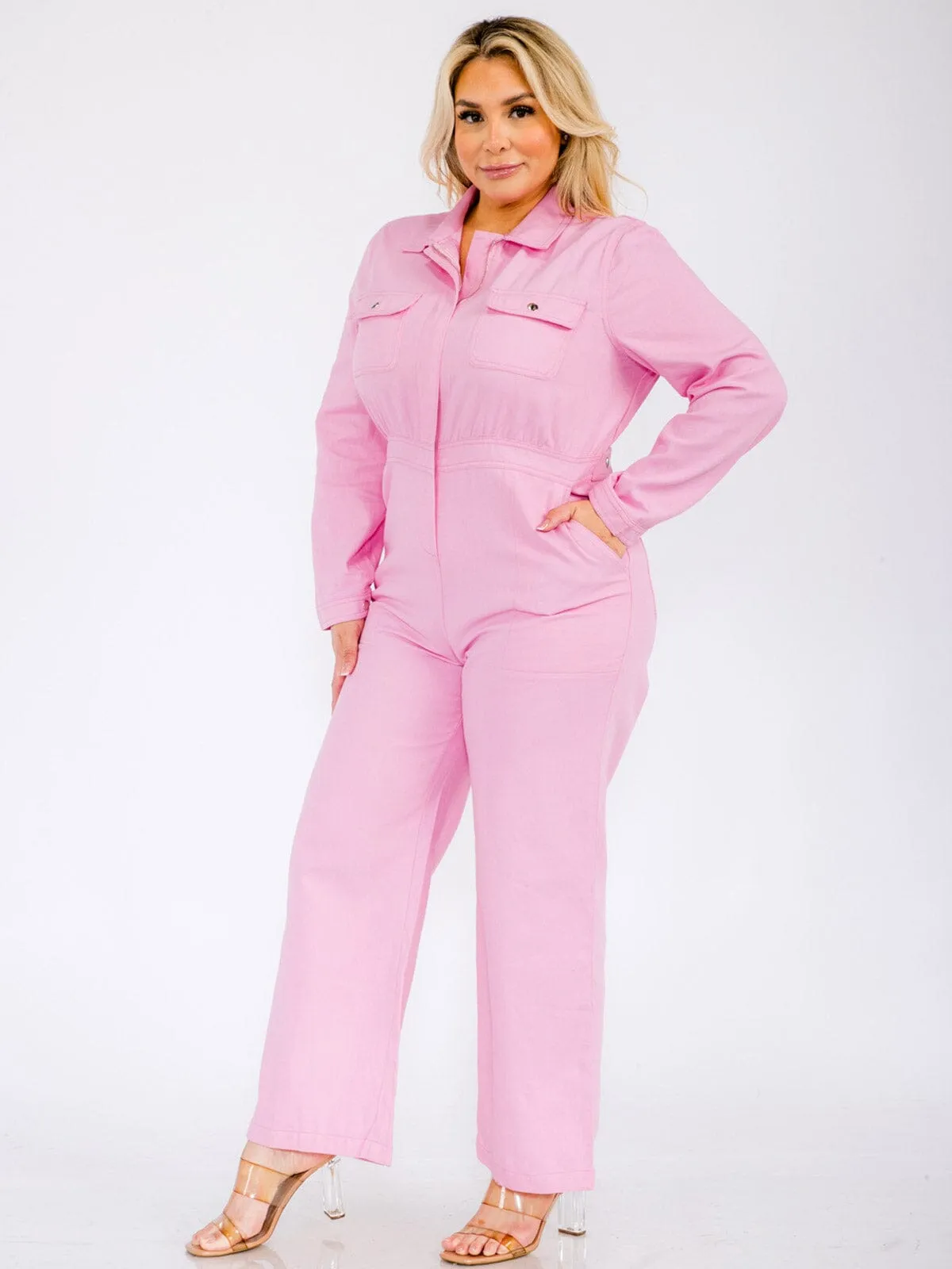PLUS SIZE LONG SLEEVES ZIP UP POCKETS WIDE LEG DENIM JUMPSUIT