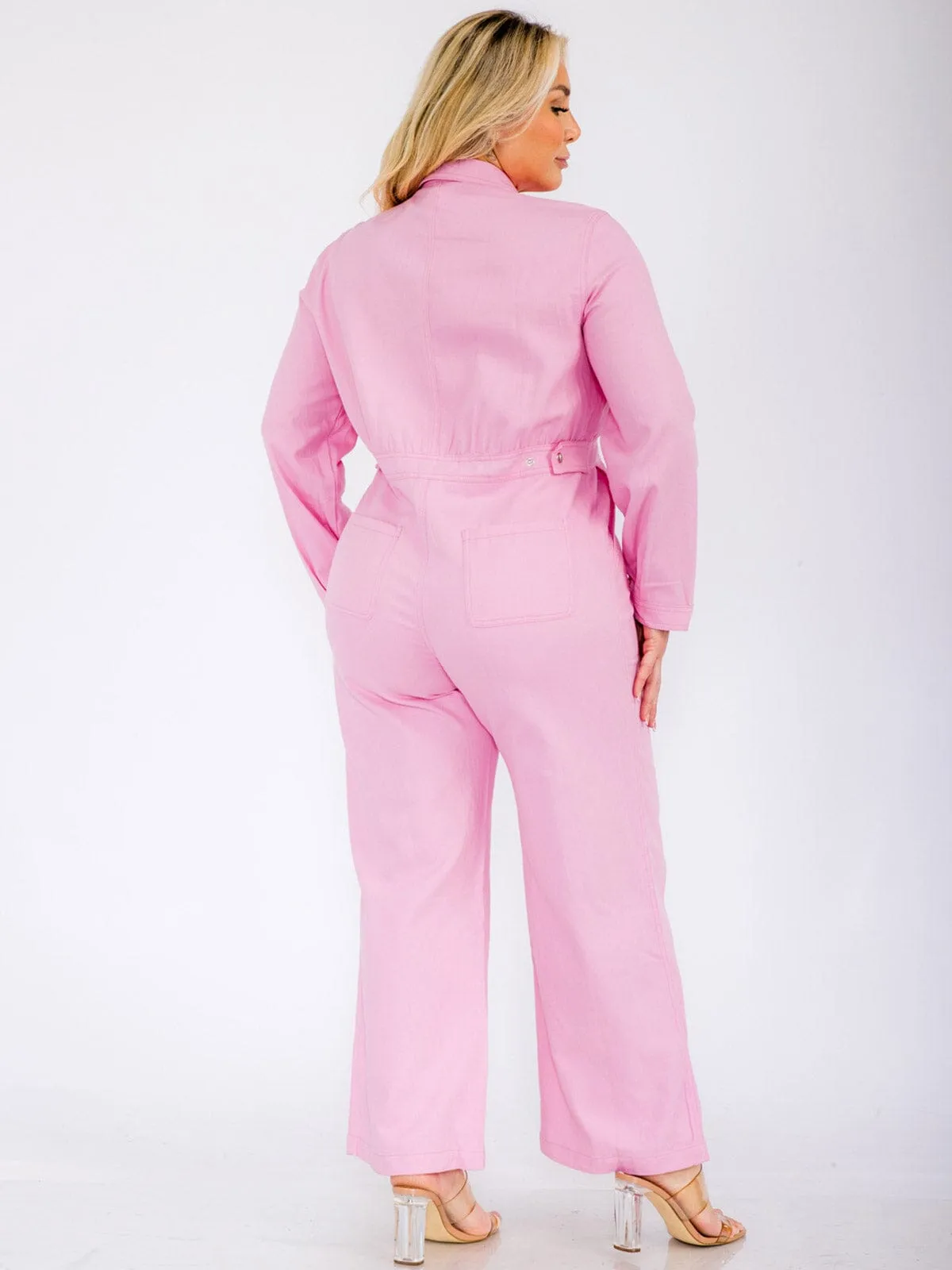 PLUS SIZE LONG SLEEVES ZIP UP POCKETS WIDE LEG DENIM JUMPSUIT