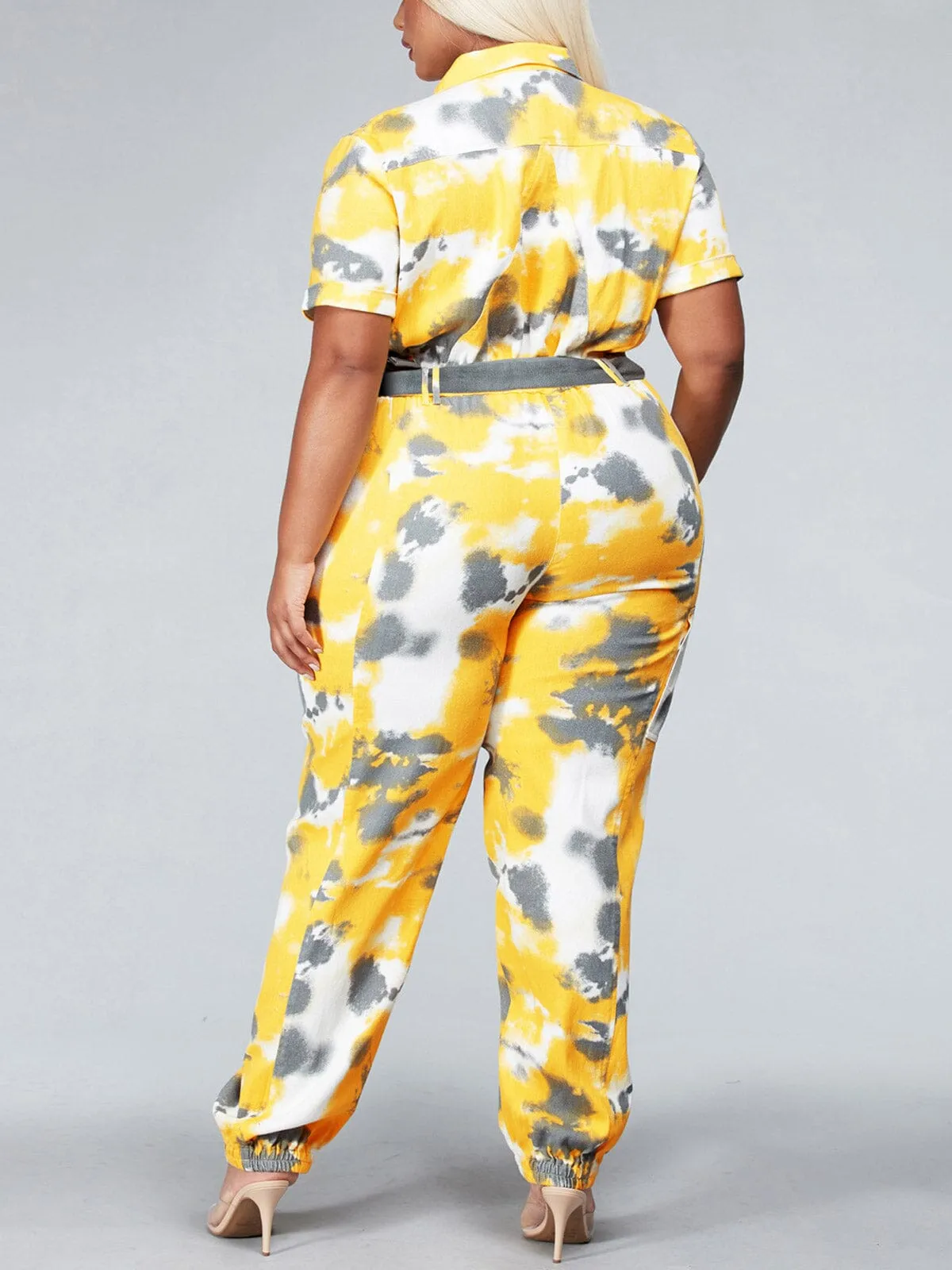 PLUS SIZE SHORT SLEEVE ZIP UP BELTED DENIM TIE DYE JUMPSUIT
