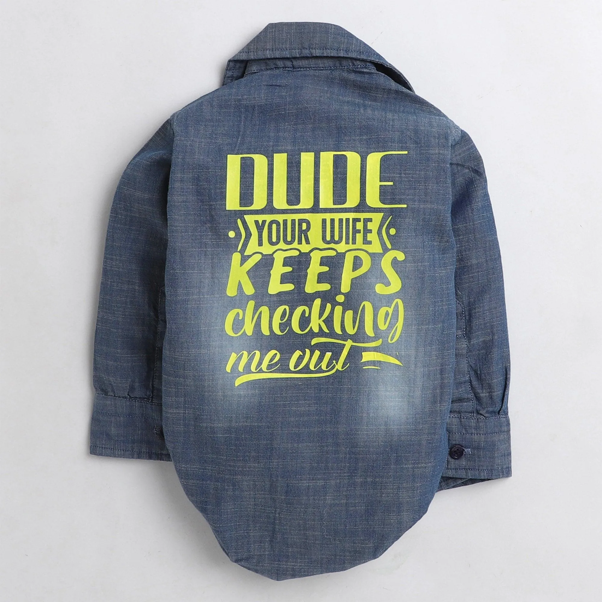 Polka Tots Full Sleeve Denim Onesie with dad = dude print  - Blue