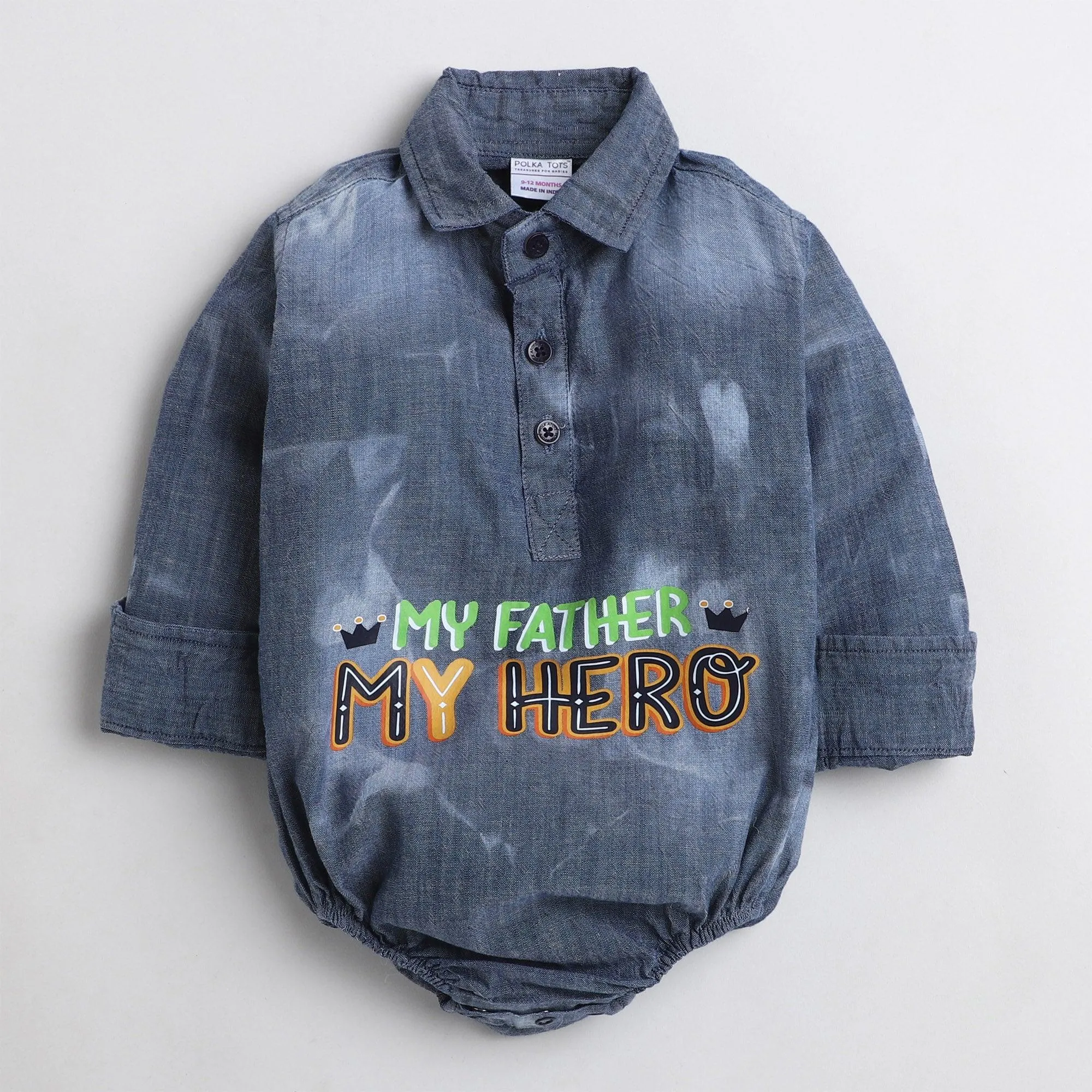Polka Tots Full Sleeve Denim Onesie with my father my hero print  - Blue