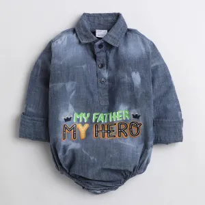 Polka Tots Full Sleeve Denim Onesie with my father my hero print  - Blue