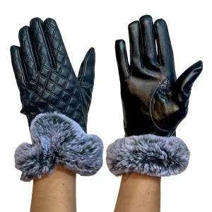 Quilted Leather Fur Gloves Black