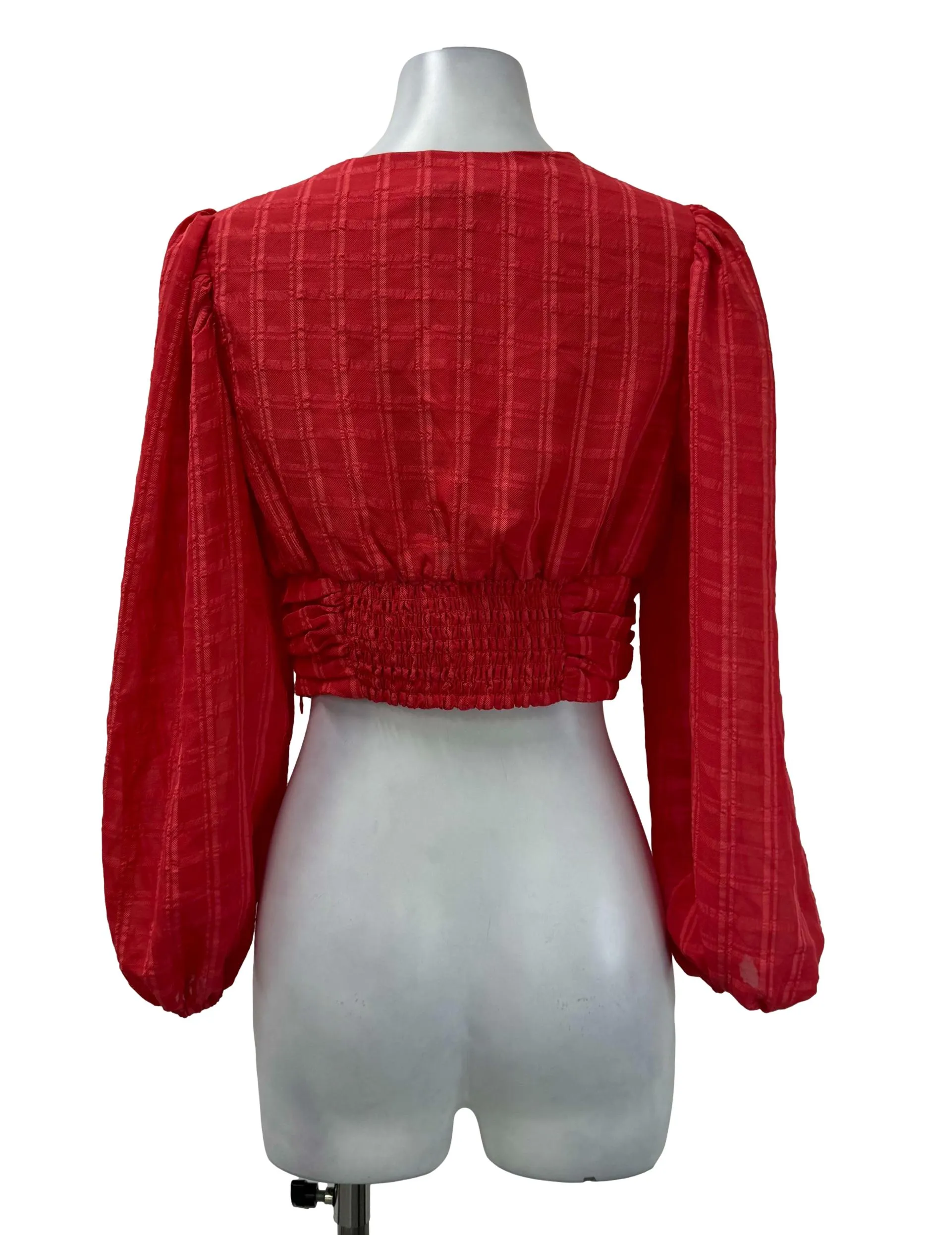 Red Checkered V Neck Blouse