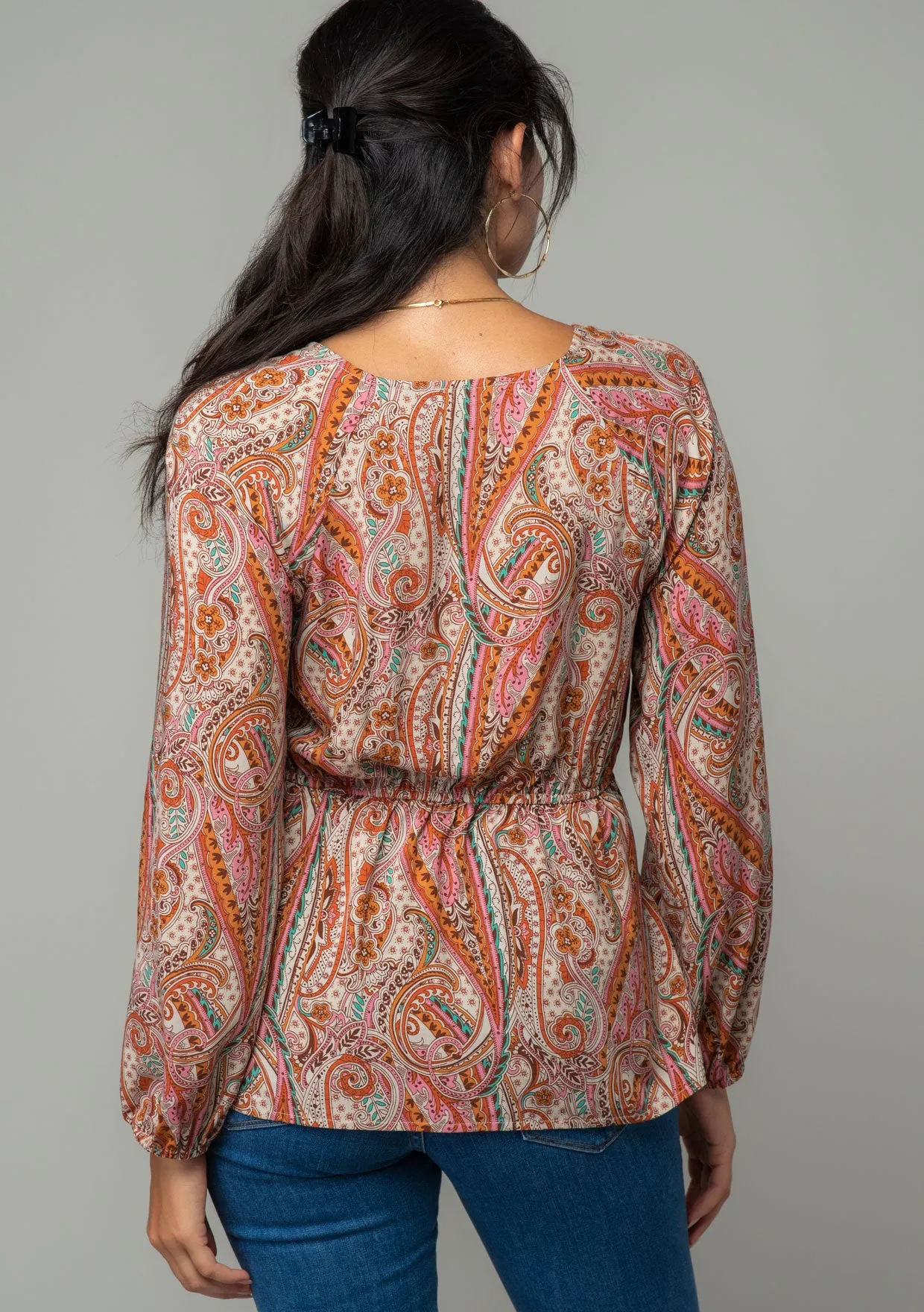 Retro Paisley Long Sleeve Tie Front Blouse