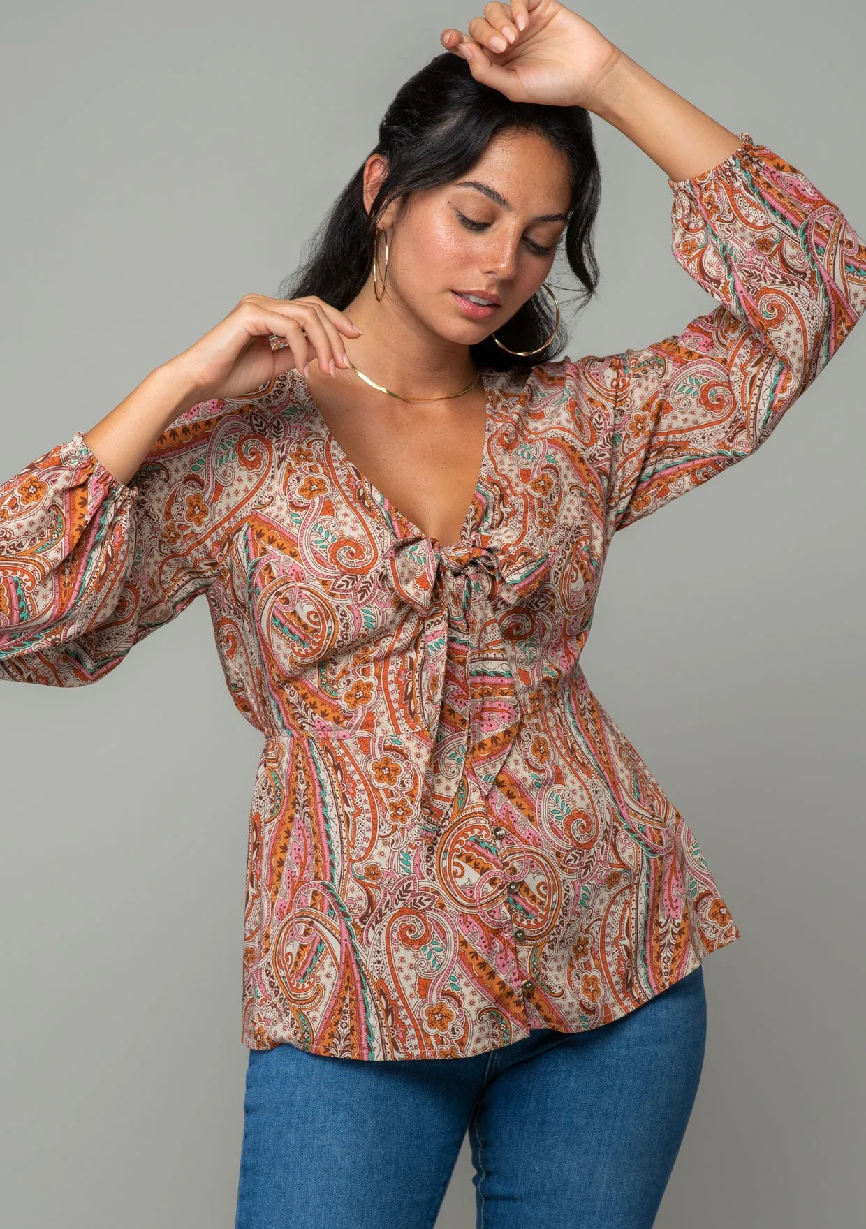 Retro Paisley Long Sleeve Tie Front Blouse