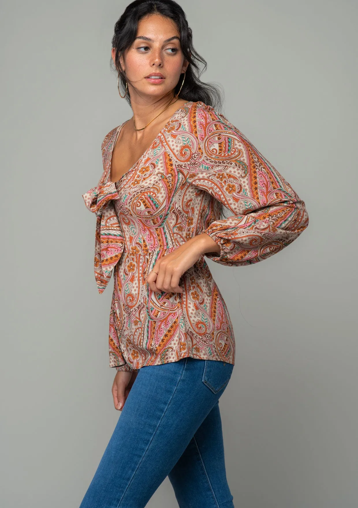 Retro Paisley Long Sleeve Tie Front Blouse