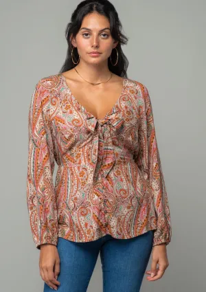 Retro Paisley Long Sleeve Tie Front Blouse