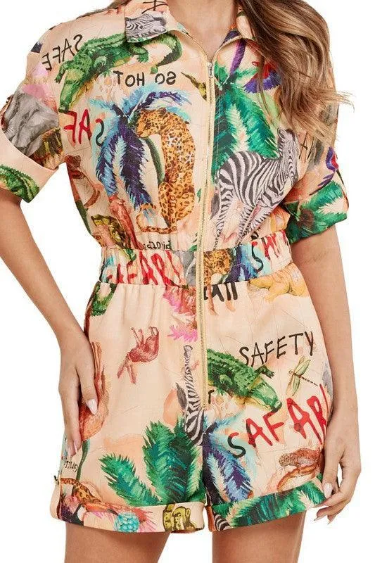 Safari Print Zip Front Romper