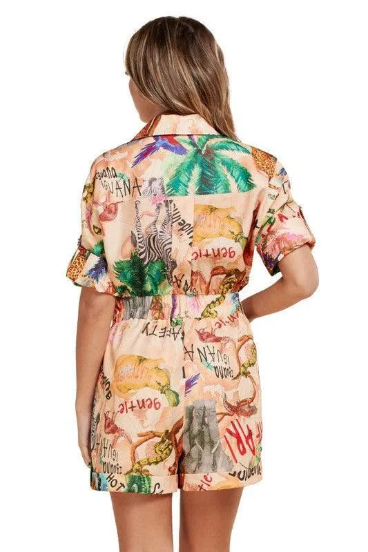 Safari Print Zip Front Romper