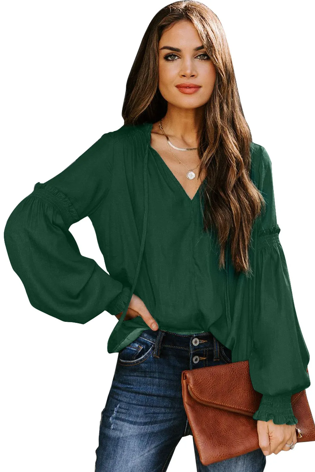 Satin V-neck Lantern Sleeve Drawstring Blouse