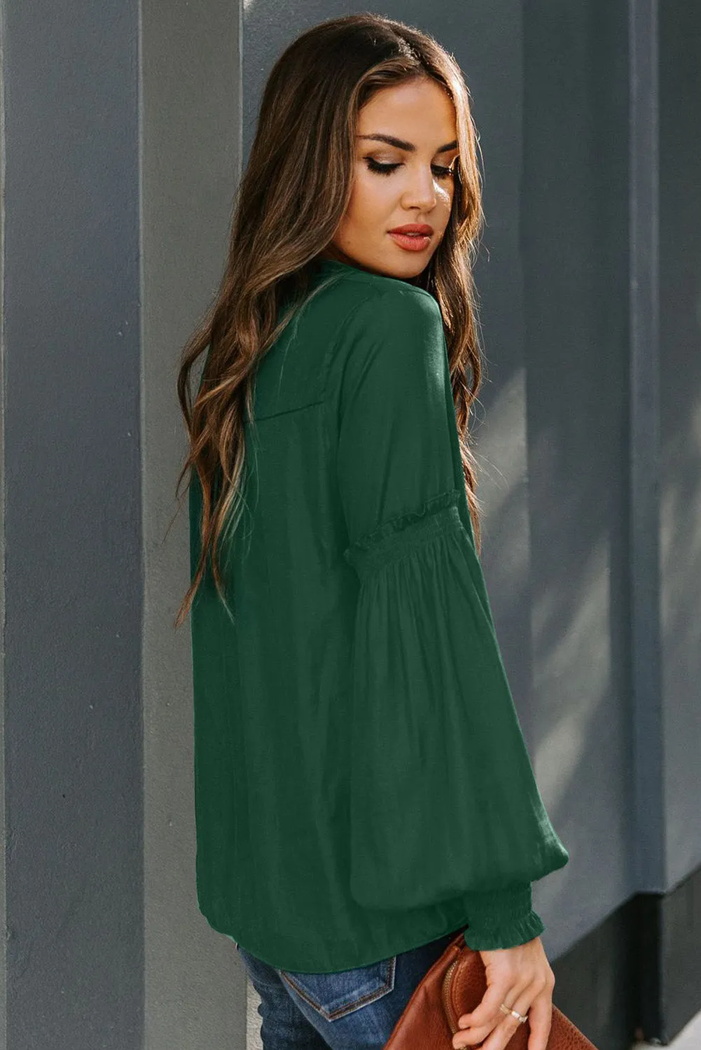 Satin V-neck Lantern Sleeve Drawstring Blouse