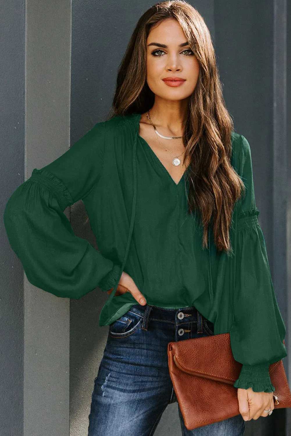 Satin V-neck Lantern Sleeve Drawstring Blouse