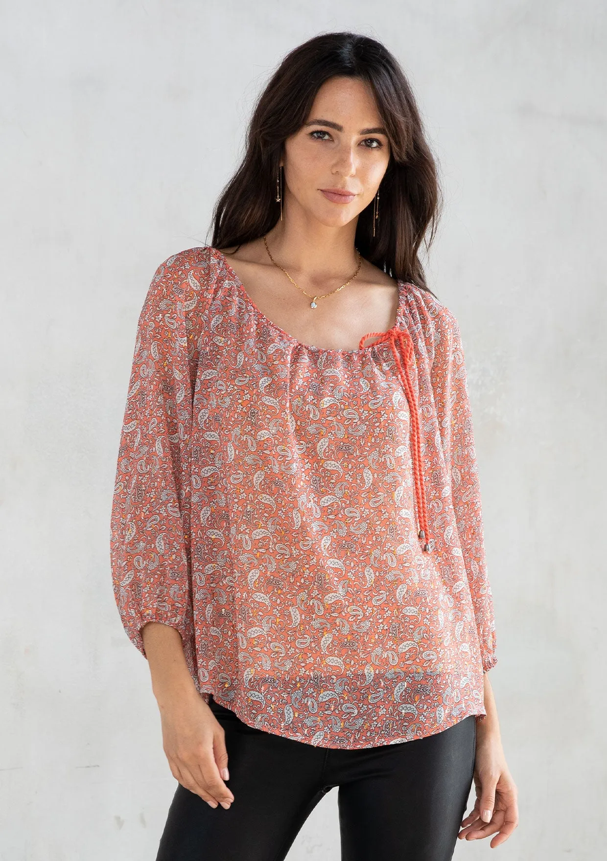 Sheer Chiffon Paisley Print 3/4 Sleeve Blouse