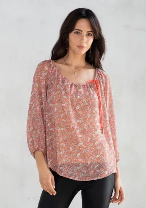 Sheer Chiffon Paisley Print 3/4 Sleeve Blouse