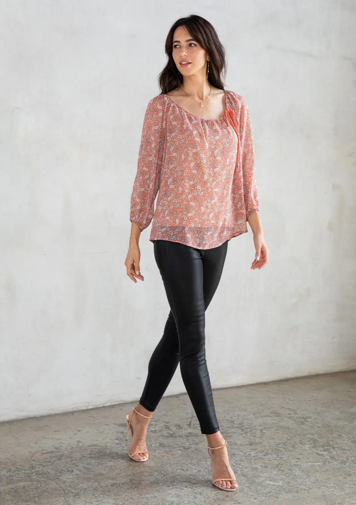 Sheer Chiffon Paisley Print 3/4 Sleeve Blouse