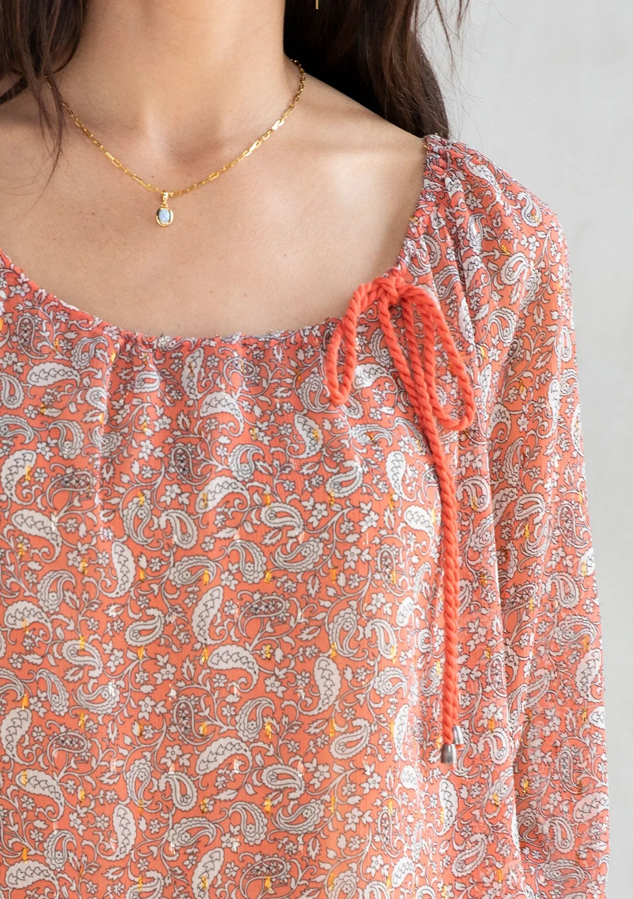 Sheer Chiffon Paisley Print 3/4 Sleeve Blouse