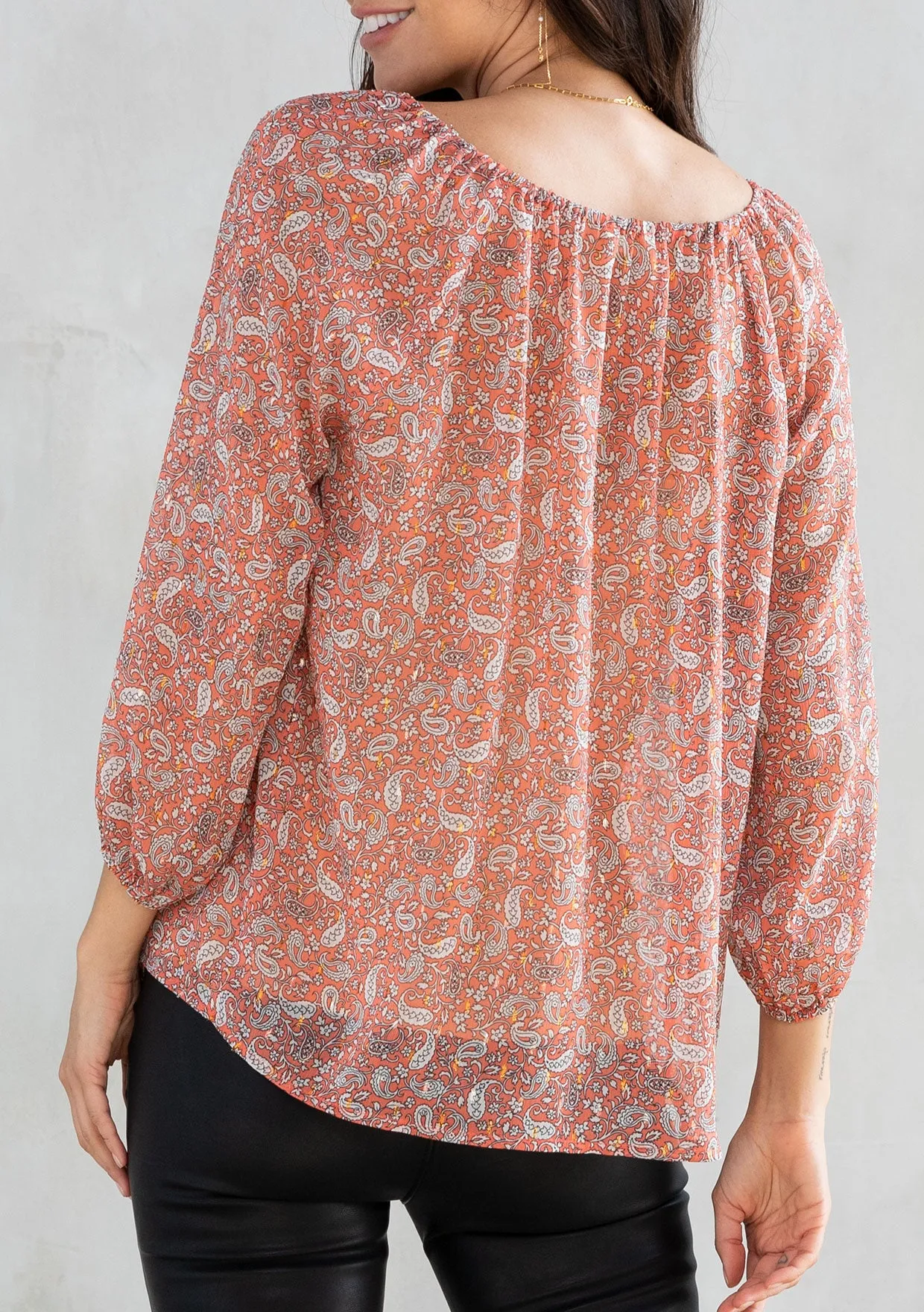 Sheer Chiffon Paisley Print 3/4 Sleeve Blouse