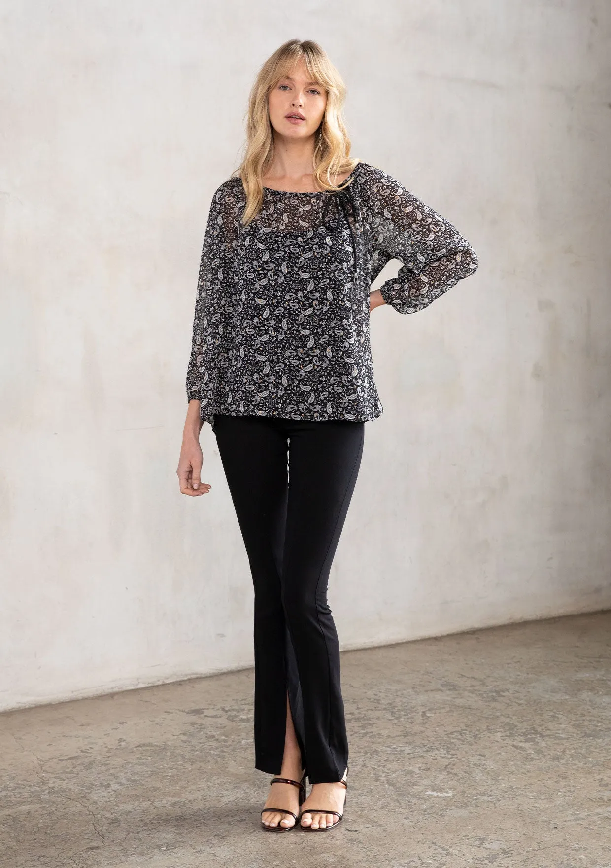 Sheer Chiffon Paisley Print 3/4 Sleeve Blouse