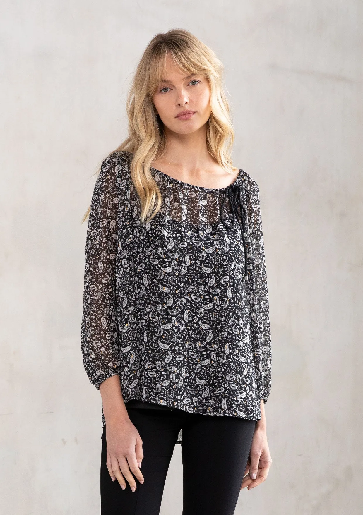 Sheer Chiffon Paisley Print 3/4 Sleeve Blouse