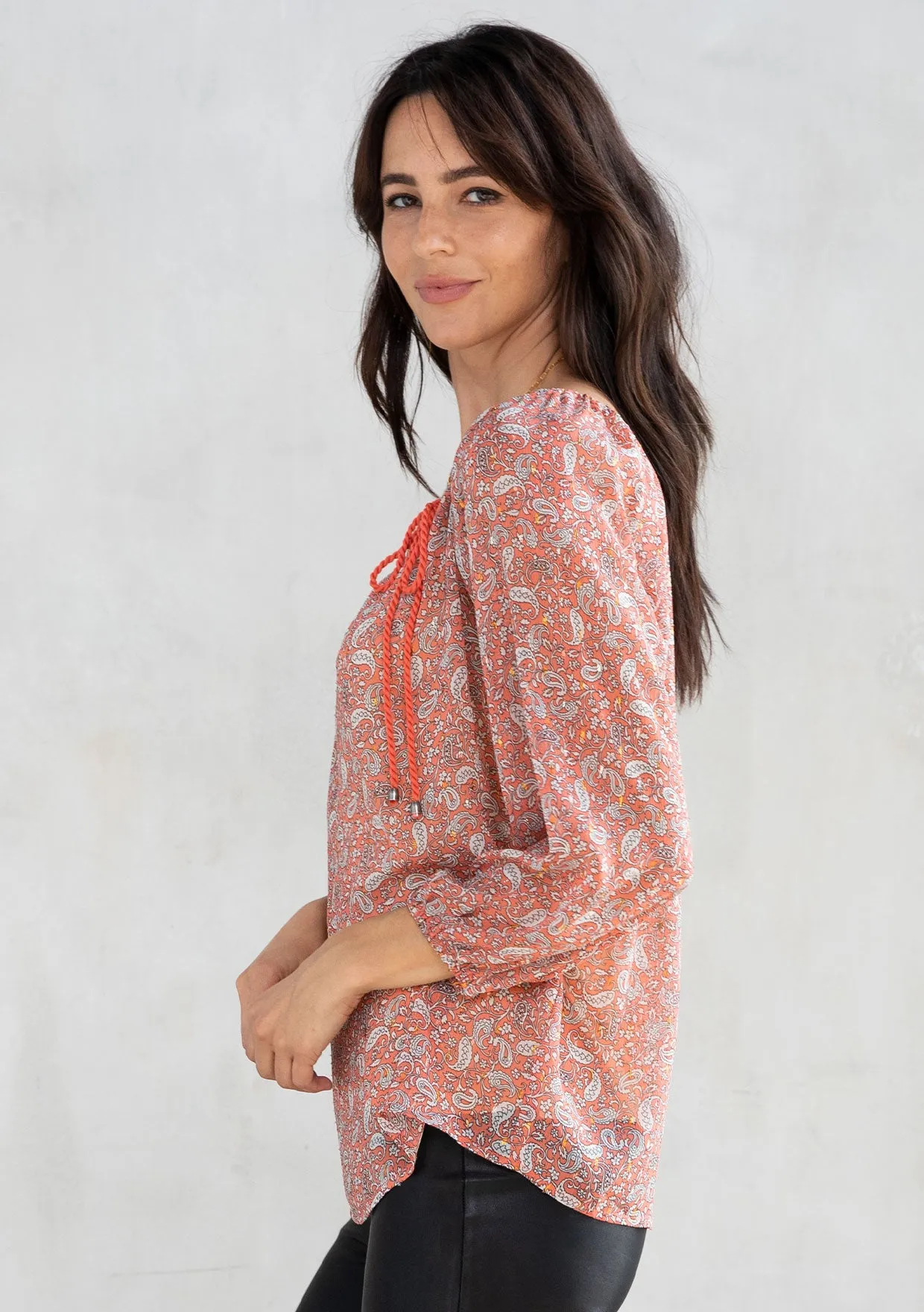 Sheer Chiffon Paisley Print 3/4 Sleeve Blouse