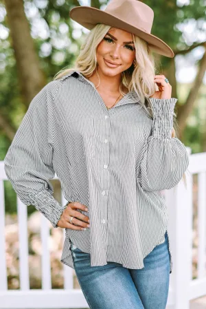 Smocked Cuffed Striped Boyfriend Shirt with Pocket