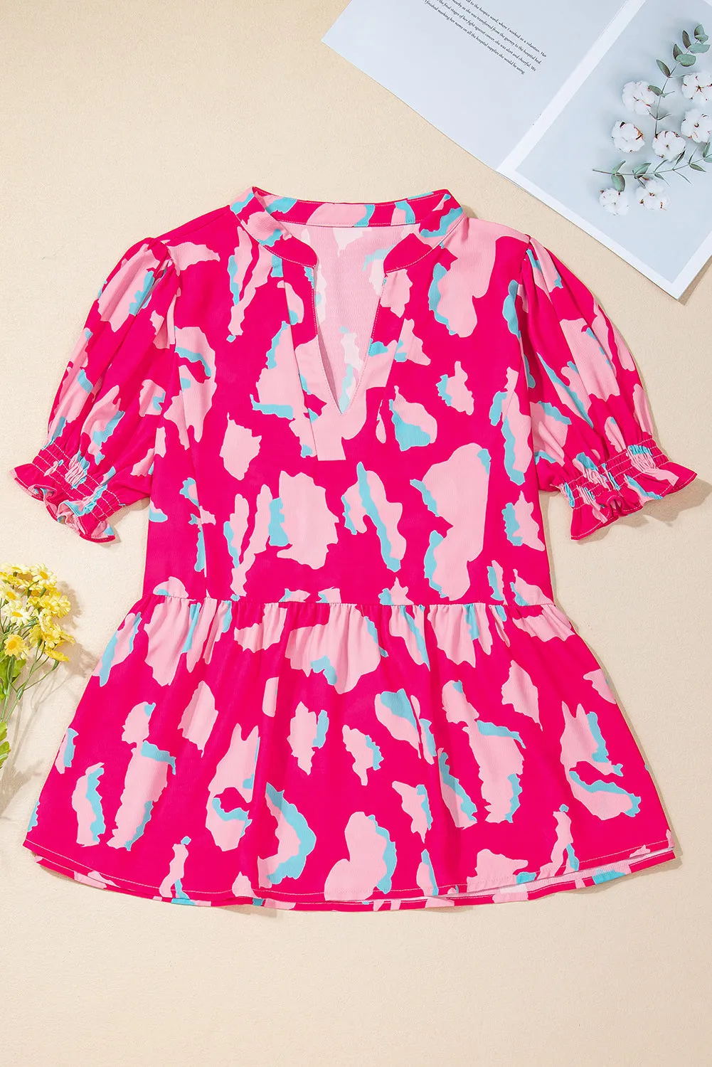 Smocked Puff Sleeve V Neck Blouse