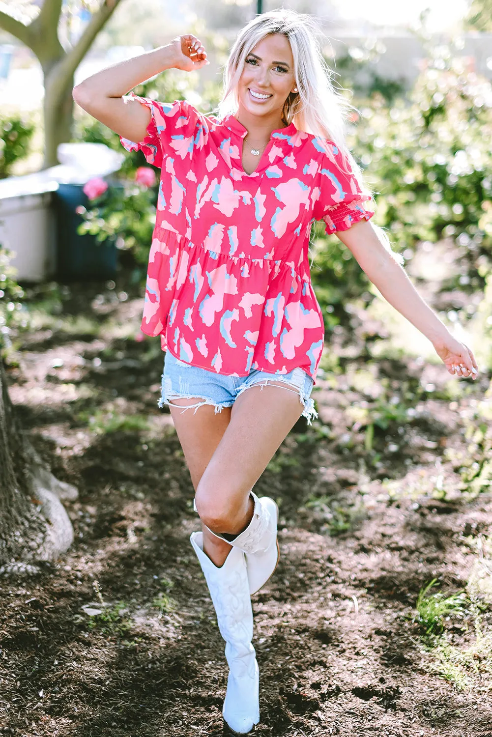 Smocked Puff Sleeve V Neck Blouse