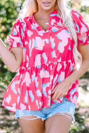 Smocked Puff Sleeve V Neck Blouse