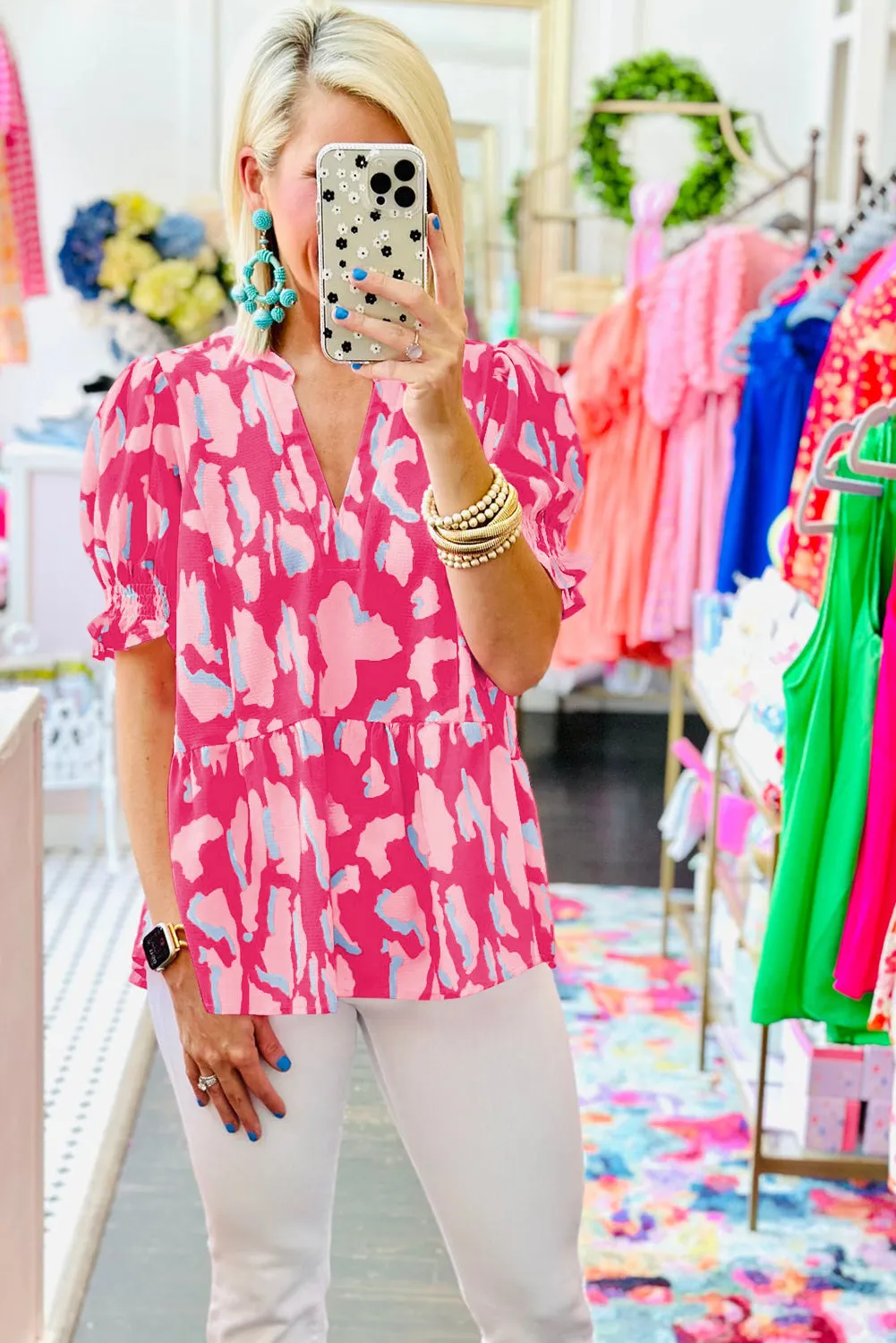 Smocked Puff Sleeve V Neck Blouse