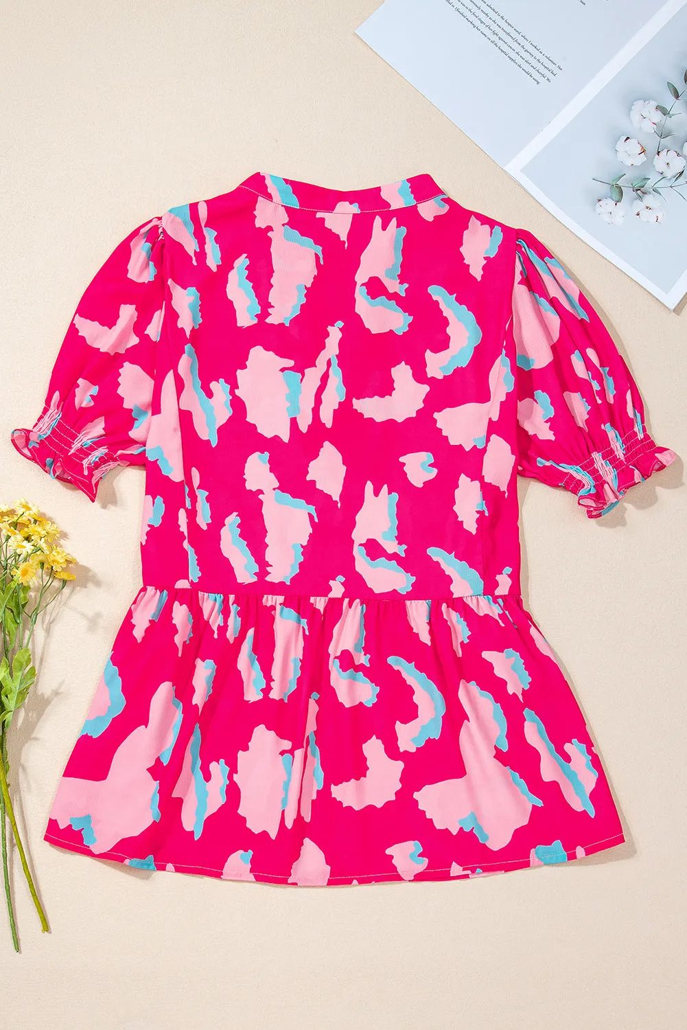 Smocked Puff Sleeve V Neck Blouse