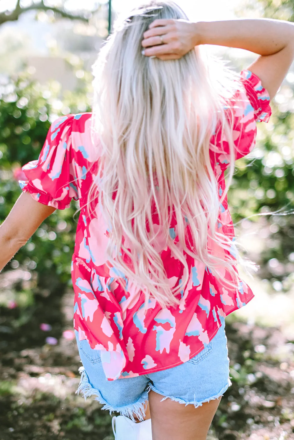 Smocked Puff Sleeve V Neck Blouse