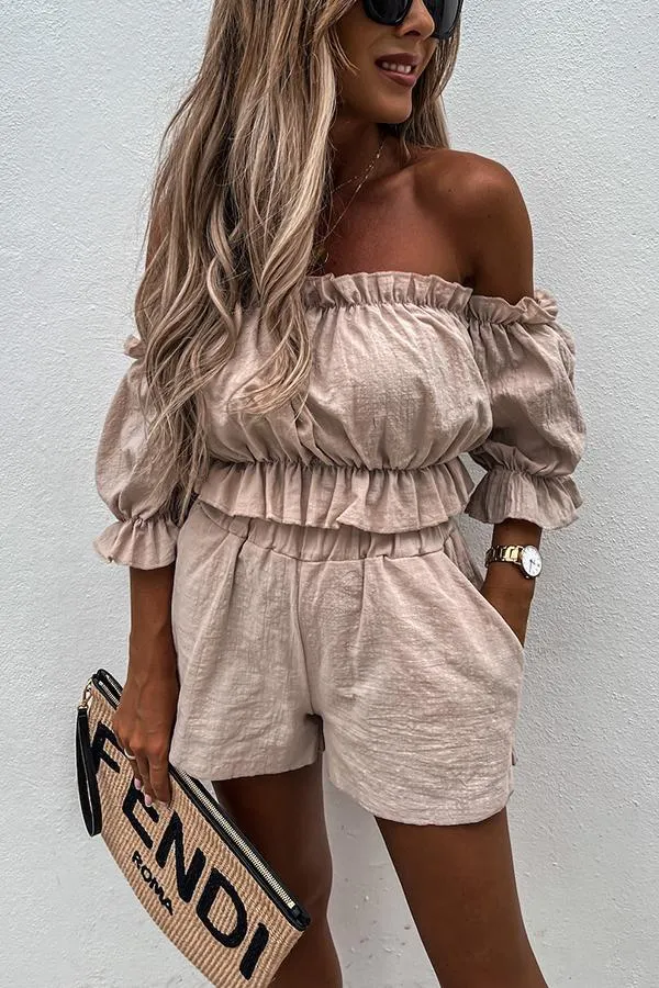 Stunncal Summer Off Shoulder Linen Shorts Suit