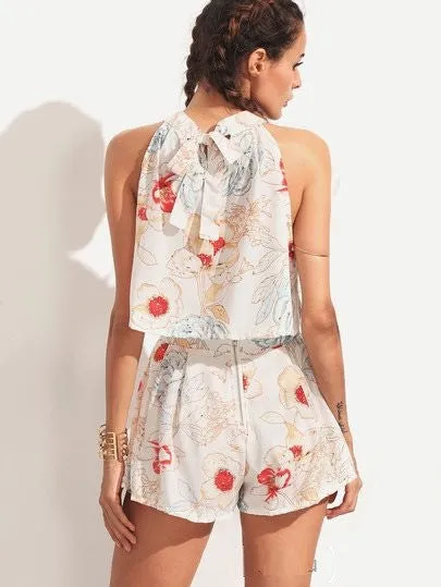 Sweet Floral Halter Top And Pleated Shorts